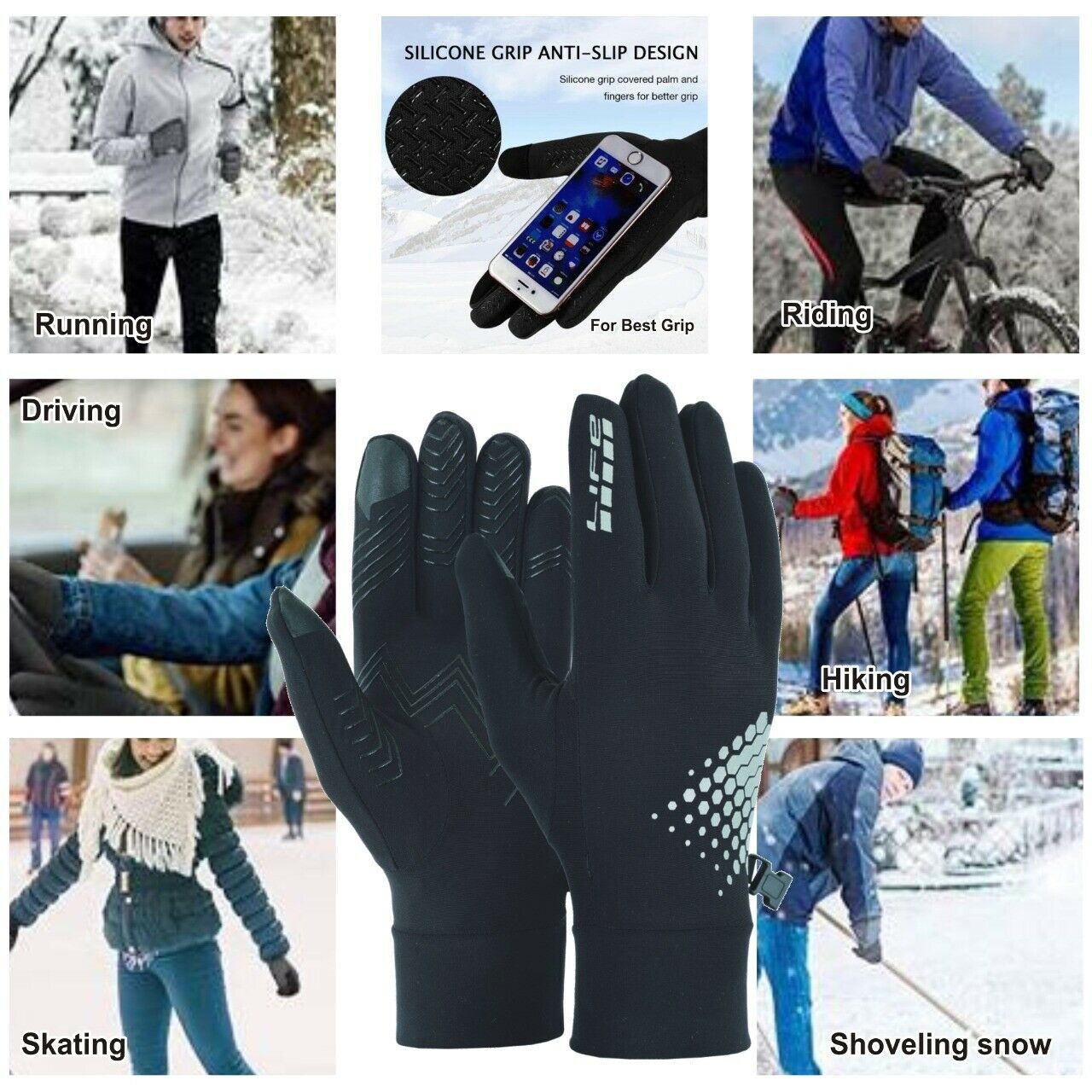 LIFE Men thermal Black Grey HI-VIZ Running gloves Cycling Jogging hiking 
