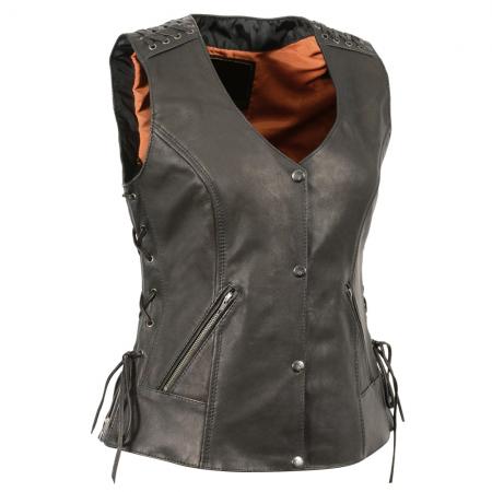 Women Motorcycle Cow Leather Vest,

Premium Sheepskin Leather
Two Front Hand Pockets
Lace after Lace Side, Shoulder & Back Detailing
Dual Inside Concealed Weapon Gun Pockets