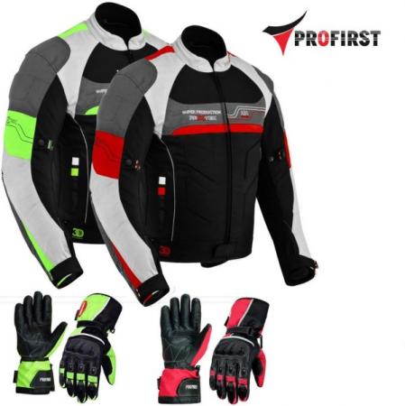 PROFIRST TEXTILE MOTORCYCLE JACKET WITH LEATHER GLOVES

 Features: 
Mens Motorbike Waterproof Jacket in 600d Cordura Fabric Material – 6 Packs Design
Built-in CE Approved Shoulder and Elbow Armours – Cuff and waist adjustments with fastener strap
Air Vented Removable and washable Lining
YKK Full Zip – Air Vent Zips at Front and Back