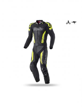 Bela Rocket Mix Kangaroo Man 2PC Leather Suit (Black/Yellow Fluorescent)
1.1-1.3mm premium full-grain cow leather with water-repellent kangaroo inserts mm 0.9 / 1
Super Tense-tex stretch fabric at elbow, crotch and back knee to provide flexibility & comfort
Outer material: 75% Cowhide leather 25% Kangaroo Leather (inserts 92% PA 8% ELASTAN) 
Lining: 100% Polyester