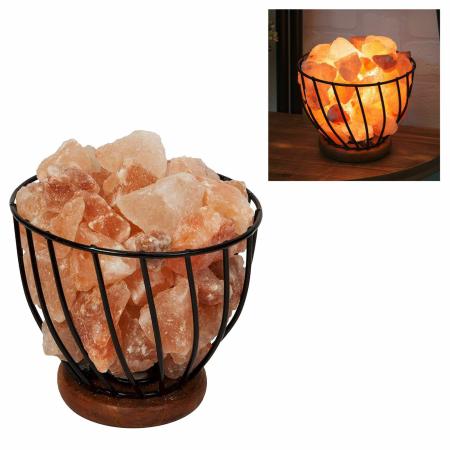 Natural Himalayan Salt Lamp, Round Bowl Metal Basket lamp with Salt Chunks UK
