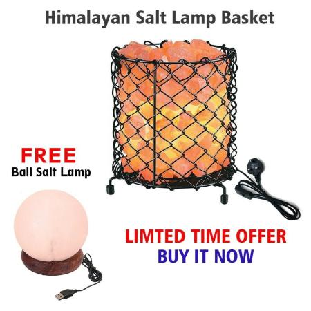 Round Metal Basket Natural Himalayan Salt Lamp + FREE USB PINK SALT LAMP