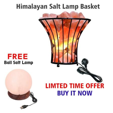 Natural Himalayan Salt Lamp Metal Basket Salt Lamps + FREE USB PINK SALT LAMP
