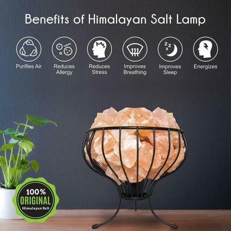 Natural Himalayan Salt Lamp Flower Metal Basket + Salt Chunks Christmas Gift UK
