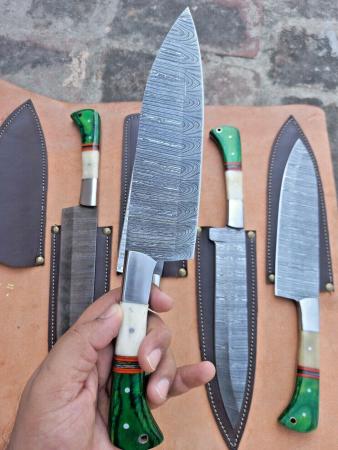 5pcs Set Handmade Damascus Chef Knive With Leather Bag Forged Knife Set Damascus