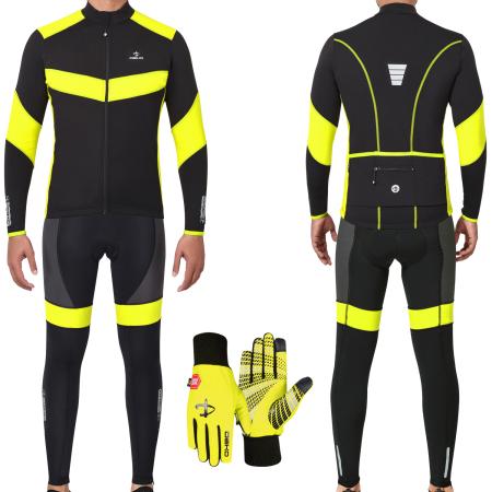 Leader Cycling Jersey & Bib Tight Set With Gloves Yellow/Black