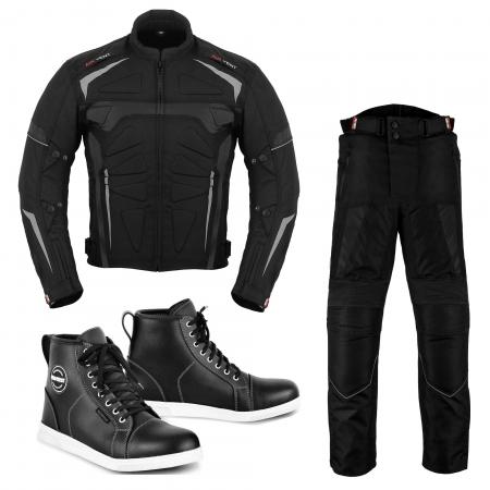 PROFIRST CORDURA MOTO RIDING SUIT WITH LEATHER BOOTS (BLACK)

600D Cordura jacket
Zip Fly
Decoration Rubber Protection
4 Air Vents
Button on Arms
Velcro on Cuff
Waterproof
Pure Leather
Anti Skid Rubber Sole
Heal and Toe Area With Reinforced Ankle
CE Approved Removable Armored