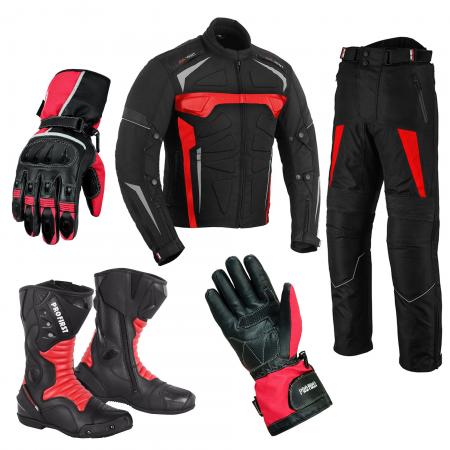 PROFIRST MOTORCYCLE SUIT BOOTS & GLOVES (RED)

Motorcycle Armoured Waterproof Jacket
Mens Motorbike Waterproof Jacket in 600d Cordura Fabric Material
CE Approved Removable 
Leather Waterproof Long Ankle Boots
Premium Quality – 100% Real Leather & Waterproof Motorbike BootsShoulder and Elbow Armours
Motorbike Matching Gloves
Material: Combination of Cowhide Leather and Cordura Fabric