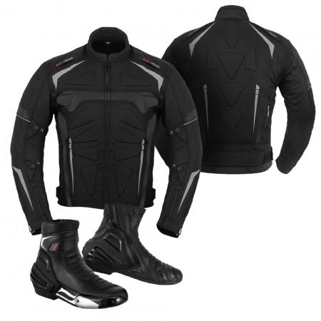 PROFIRST MOTOWIZARD JACKET WITH LEATHER SHOES (BLACK)
Motorcycle Armoured Waterproof Jacket
Mens Motorbike Waterproof Jacket in 600d Cordura Fabric Materia
CE Approved Removable Shoulder and Elbow Armours

Motorbike Waterproof Racing Boots
Accordion At Front & Back for Easy Movement
TPO Hard Protection at Back Heel & Ankle
Easy To Wear and Use