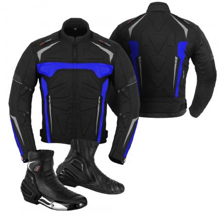 PROFIRST MOTOWIZARD JACKET WITH SHOES (BLUE)

Motorcycle Armoured Waterproof Jacket
Mens Motorbike Waterproof Jacket in 600d Cordura Fabric Materia
CE Approved Removable Shoulder and Elbow Armours

Motorbike Waterproof Racing Boots
Accordion At Front & Back for Easy Movement
TPO Hard Protection at Back Heel & Ankle
Easy To Wear and Use