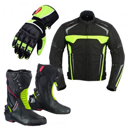 Profirst Moto Jacket Leather Shoes And Matching Gloves (Green)