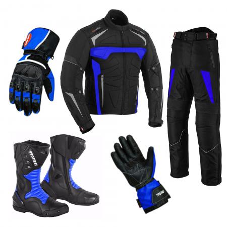 PROFIRST MOTORCYCLE SUIT BOOTS & GLOVES (BLUE)

Motorcycle Armoured Waterproof Jacket
Mens Motorbike Waterproof Jacket in 600d Cordura Fabric Material
CE Approved Removable 
Leather Waterproof Long Ankle Boots
Premium Quality – 100% Real Leather & Waterproof Motorbike BootsShoulder and Elbow Armours
Motorbike Matching Gloves
Material: Combination of Cowhide Leather and Cordura Fabric