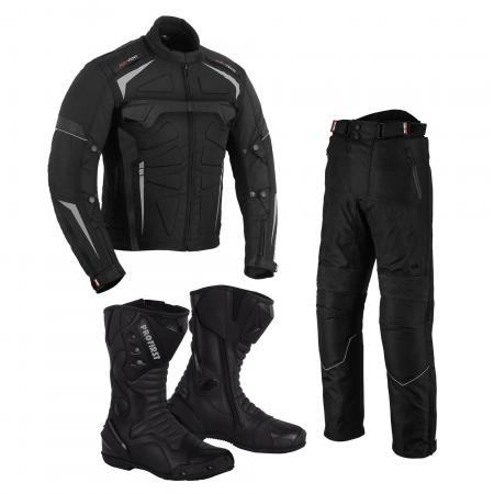 PROFIRST MOTOWIZARD SUIT WITH 10017 LEATHER BOOTS (BLACK)

Mens Motorbike Waterproof Jacket in 600d Cordura Fabric Materia
CE Approved Removable Shoulder and Elbow Armours
Thick foam padding Protection at back
Premium Quality – 100% Real Leather & Waterproof Motorbike Boots