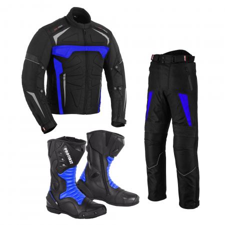 PROFIRST MOTOWIZARD SUIT WITH 10017 LEATHER BOOTS (BLUE)

Mens Motorbike Waterproof Jacket in 600d Cordura Fabric Materia
CE Approved Removable Shoulder and Elbow Armours
Thick foam padding Protection at back
Premium Quality – 100% Real Leather & Waterproof Motorbike Boots