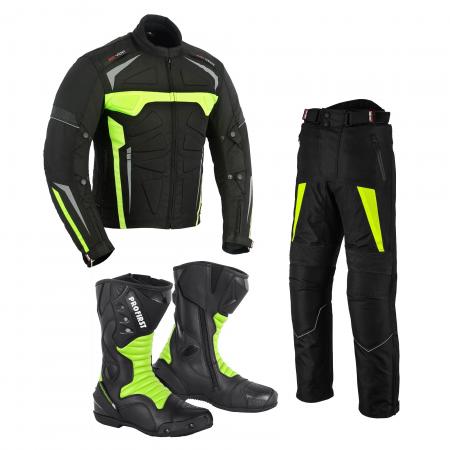 PROFIRST MOTOWIZARD SUIT WITH 10017 LEATHER BOOTS (GREEN)

Mens Motorbike Waterproof Jacket in 600d Cordura Fabric Materia
CE Approved Removable Shoulder and Elbow Armours
Thick foam padding Protection at back
Premium Quality – 100% Real Leather & Waterproof Motorbike Boots