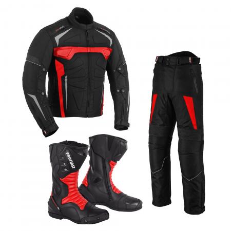 PROFIRST MOTOWIZARD SUIT WITH 10017 LEATHER BOOTS (RED)

Mens Motorbike Waterproof Jacket in 600d Cordura Fabric Materia
CE Approved Removable Shoulder and Elbow Armours
Thick foam padding Protection at back
Premium Quality – 100% Real Leather & Waterproof Motorbike Boots