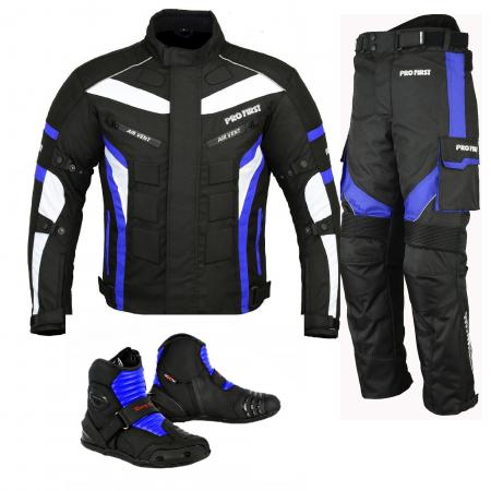 PROFIRST PACKS SUIT WITH LEATHER BOOTS (BLUE)

600D Cordura jacket
Zip Cover on Front
13 Decoration Rubber Protection 
5 Air Vents 
Button on Arms
Velcro on Cuff
Waterproof
Removable Lining 
 Armoured Trousers
Motorbike 600d Cordura Fabric Protective Men’s Trouser
Leather Waterproof Biker Boot
