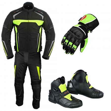 PROFIRST MOTO SUIT LEATHER GLOVES & SHOES (GREEN)

Motorbike 600d Cordura Fabric Protective Men’s Trouser – Big Pockets 425 Design
CE Approved Removable Armored
Removable and washable lining
Pro First’s 100% Waterproof Gloves
Material: Combination of Cowhide Leather and Cordura Fabric.
Lined with high-quality Foam Ply material.
Velcro wrist strap adjustment