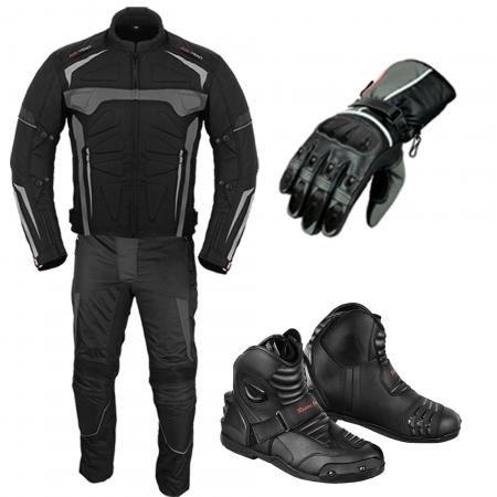 PROFIRST MOTO SUIT LEATHER GLOVES & BLACK SHOES (GREY)

Fully Waterproof
For all Weathers
High Ankle Protection
Genuine Leather
Lined with Soft Polyester
Pro First’s 100% Waterproof Gloves
Material: Combination of Cowhide Leather and Cordura Fabric.
Lined with high-quality Foam Ply material.
600D Cordura jacket
Zip Fly
Decoration Rubber Protection
4 Air Vents
Button on Arms