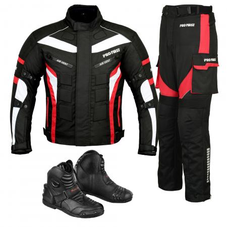 PROFIRST PACKS SUIT RED WITH LEATHER BOOTS BLACK

600D Cordura jacket
Zip Cover on Front
13 Decoration Rubber Protection 
5 Air Vents 
Button on Arms
Velcro on Cuff
Waterproof
Removable Lining 
 Armoured Trousers
Motorbike 600d Cordura Fabric Protective Men’s Trouser
Leather Waterproof Biker Boot