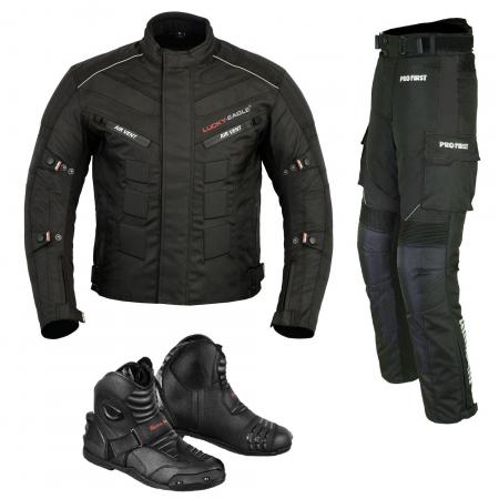 PROFIRST PACKS SUIT WITH LEATHER BOOTS (BLACK)

600D Cordura jacket
Zip Cover on Front
13 Decoration Rubber Protection 
5 Air Vents 
Button on Arms
Velcro on Cuff
Waterproof
Removable Lining 
 Armoured Trousers
Motorbike 600d Cordura Fabric Protective Men’s Trouser
Leather Waterproof Biker Boot